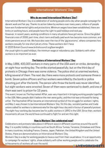 Labor day Reading Comprehension