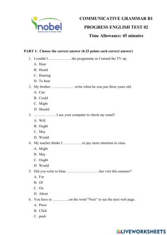 Progress Test B1 - Communicative Grammar