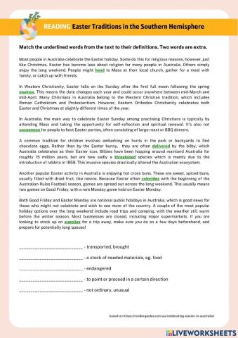 Reading comprehension - Easter traditions in the Southern Hemisphere