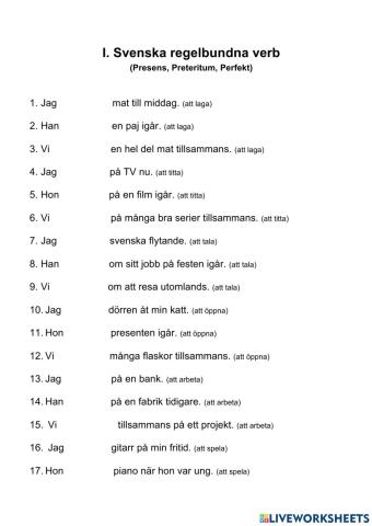 Svenska Regelbundna verb - Presens, Preteritum, Perfekt