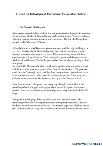 Reading Comprehension: The Nomads of Mangolia