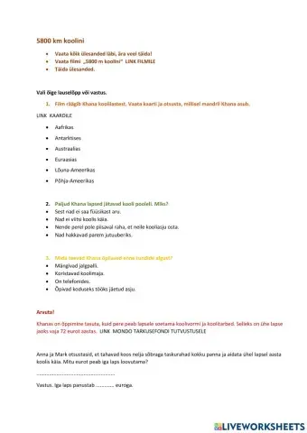 Filmiülesanne -5800 km koolini-, 4. klassile