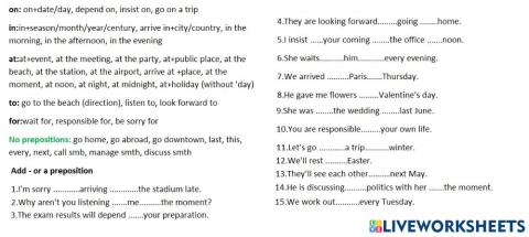 Prepositions at, in, on, to, for