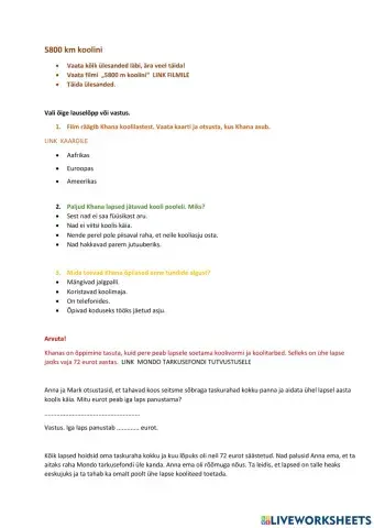 Filmiülesanne -5800 kilomeetrit koolini- 3. klassile