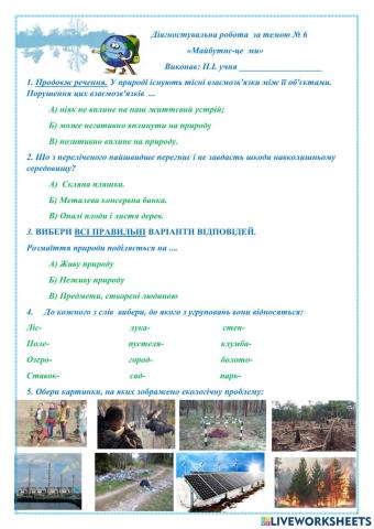Діагностувальна робота  за темою № 6        «Майбутнє-це  ми»