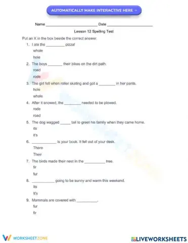 Lesson 12 Homophone Spelling Test