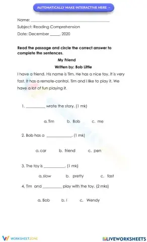 Reading Comprehension: My Friend