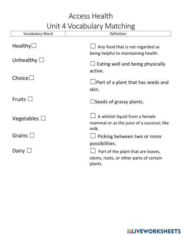 Unit 4 Nutrition - Vocabulary Matching