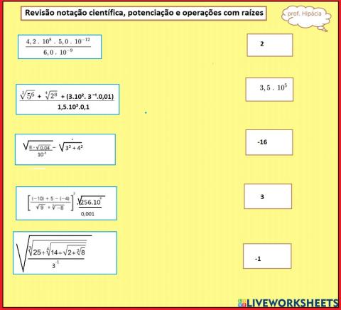 Operações com notação científica, potências e raízes