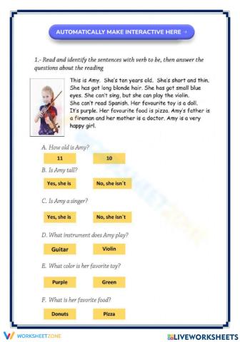 Verb to be Reading Comprehension