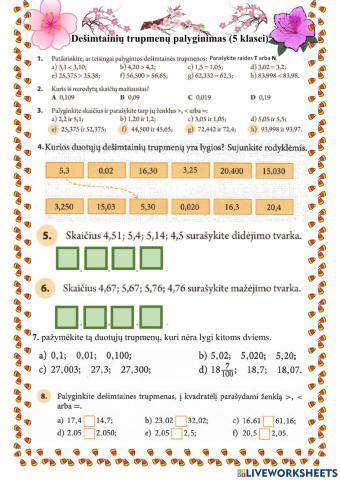 2 darbas Dešimtainių trupmenų palyginimas 5 klasei