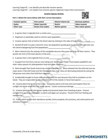 Invasive Species Review Activity