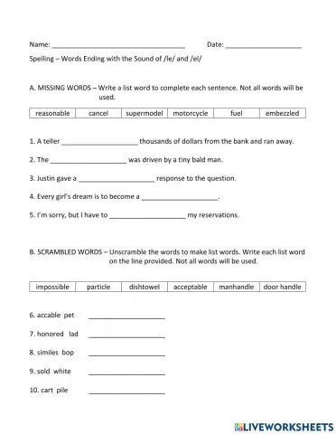 Words Ending with the Sound of -LE and -EL