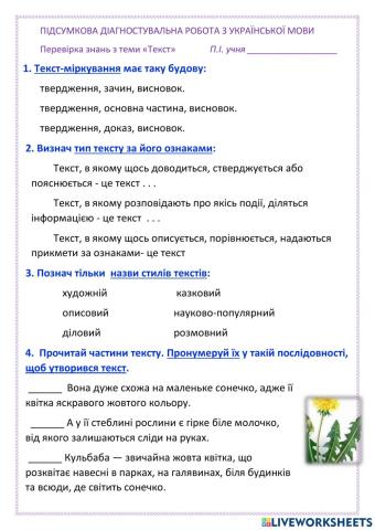ПІДСУМКОВА ДІАГНОСТУВАЛЬНА РОБОТА З УКРАЇНСЬКОЇ МОВИ  Перевірка знань з теми «Текст»
