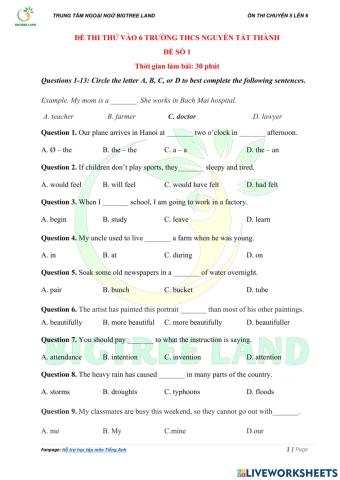 Đề thi thử vào 6 trường thcs nguyễn tất thành-đề 2