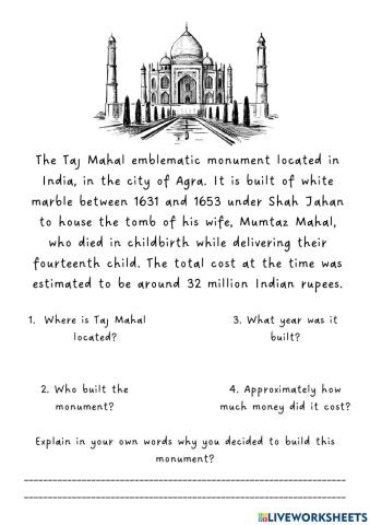 Reading comprehensión taj mahal