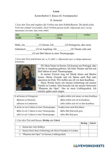 Lesen Kontrollarbeit 5. Klasse (II. Fremdsprache) II. Semester