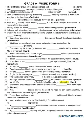 Grade 9 - word form 8
