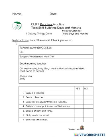 CLB1: Writing Practice: Email to Teacher P2