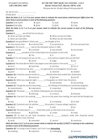 Đề liên trường hải phòng