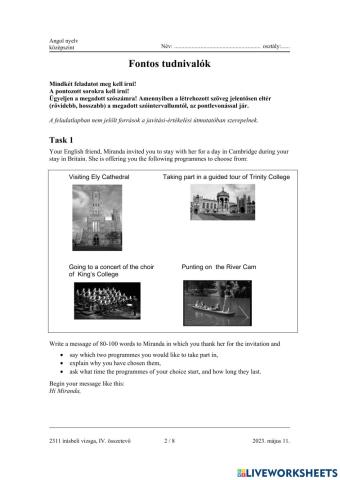 Angol középszintű érettségi 2023 május LEVÉL