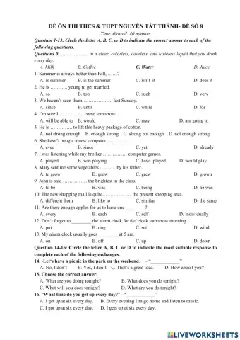Luyện vào 6 Trường Nguyễn Tất Thành Test 8