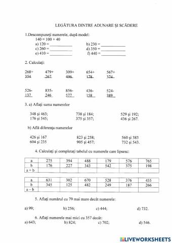 Legătura dintre adunare şi scădere