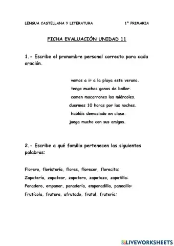 PRONOMBRES PERSONALES Y FAMILIA DE PALABRAS