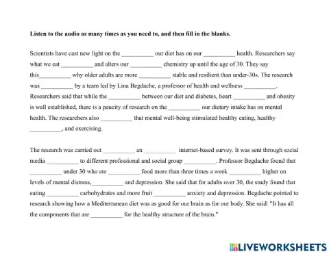 Food 1-Food&Mental Health Dictation Exercise
