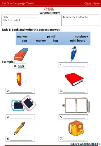 Vocabulary about school things