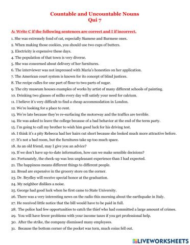 Quiz 7 Countable Nouns and Uncountable Nouns