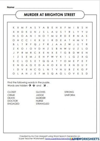Murder at Brighton Street Wordsearch