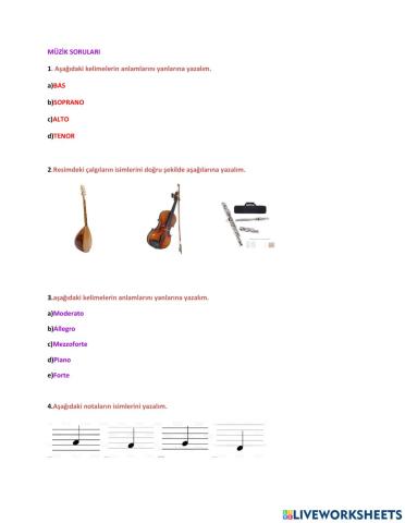 Müzik dersi çalışma sayfası