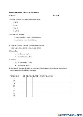 Autoevaluación de Decimales