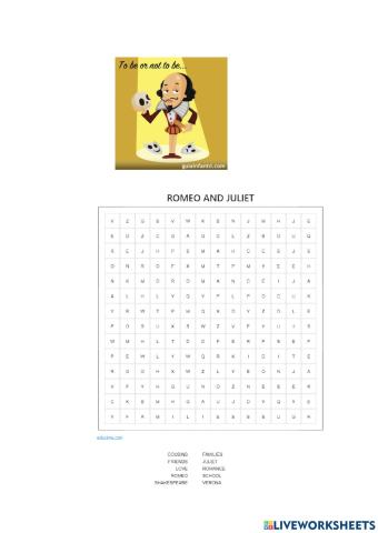 Romeo and Juliet Wordsearch
