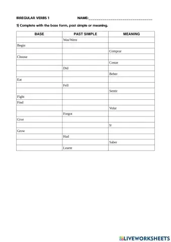Irregular Verbs Exam 1A