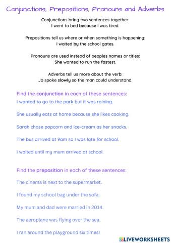 Conjunctions, Prepositions, Pronouns and Adverbs