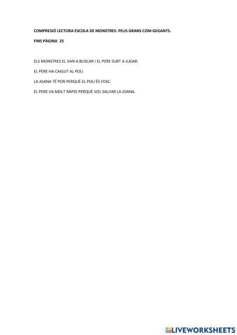 Comprensió lectora Escola de monstres, peus grans com gegants. fins pàg 25