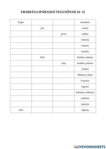 Ebareeglipärased tegusõnad 16-31