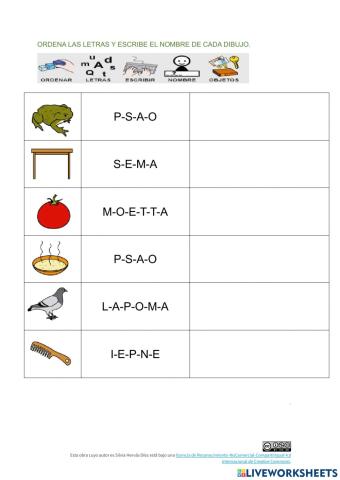 Ordena las letras y escribe el nombre de las imágenes