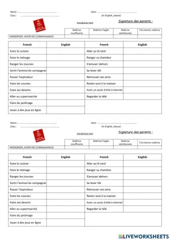 6e - Unti 4 Vocabulary test: Activities