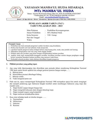 Soal PAT PKN MTs MBH Kelas 8