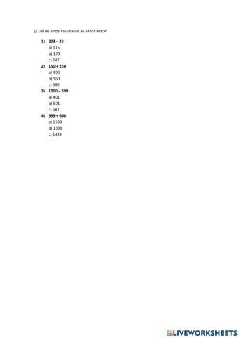 Selecciona el resultado correcto