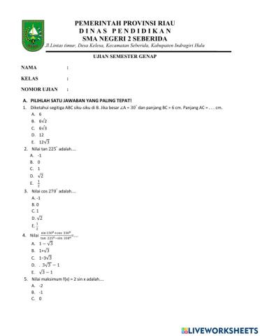 Soal ujian sumatif Matematika