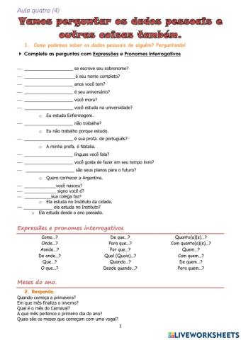 Expressões interrogativas e meses do ano.