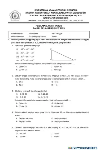 Soal pat matematika kelas viii ta 2022 2023 mts ma'ariftieng kejajar wonosobo