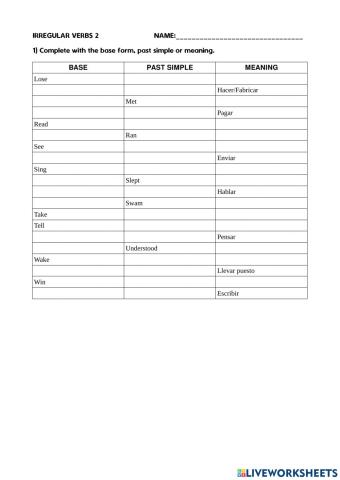 Examen verbos irregulares 2B