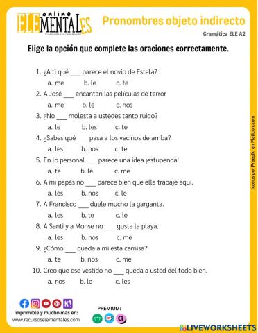 Pronombres objeto indirecto - ejercicio de opción múltiple