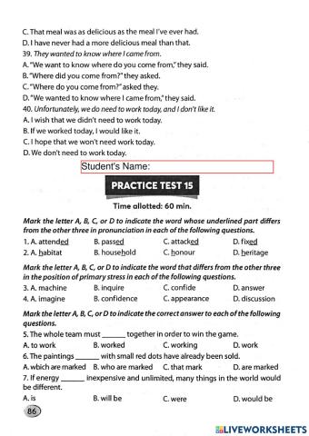 Ôn thi vào 10 - Practice Test 15