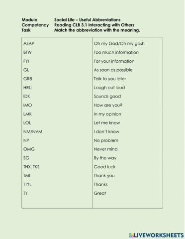 Reading CLB 3.1 Interacting with Others - Match Text Abbreviations with Meanings